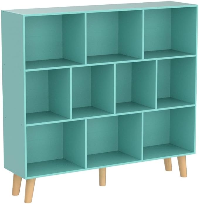 LEYAOYAO 10 Cube Bookshelf,3 Tier Modern Wide Bookcase with Legs,Mid-Century Wood Bookshelfs Storage,Mint-Green Large Book Case,Freestanding Organizer Display Shelf for Bedroom,Living Room,Office