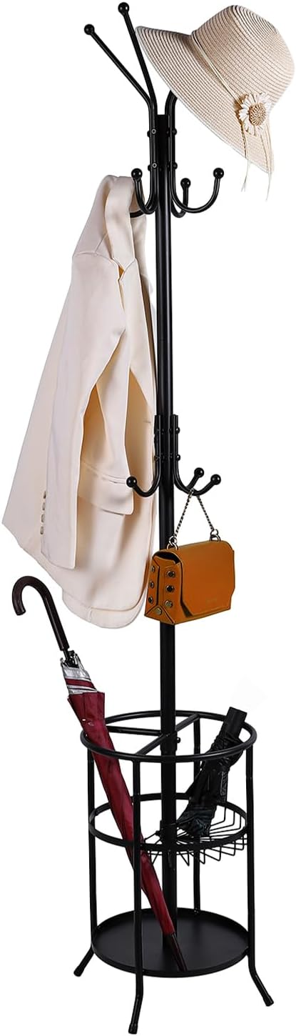 Metal Coat Rack, Freestanding Coat Rack Stand with Umbrella Holder, Coat Tree with 12 Hooks for Clothes Hats Bags, Modern Coat Hanger Stand for Entryway Living Room Bedroom Office Use, Black