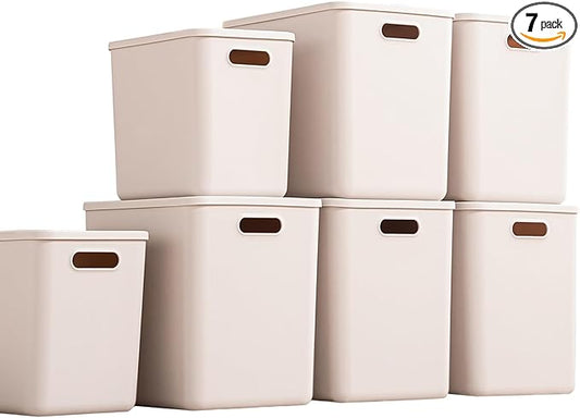 Plastic Storage Bins with lids,Storage Baskets,Container with handle,Storage Organizer Bins for Shelves,Office,Bedrooms,Closets, Cabinets(Grey，5XL+2L)