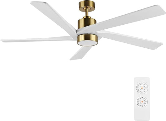 WINGBO 54 Inch DC Ceiling Fan with Lights and Remote Control, 5 Reversible Carved Wood Blades, 6-Speed DC Motor, Modern Ceiling Fan in Brass Finish with White Blades, ETL Listed