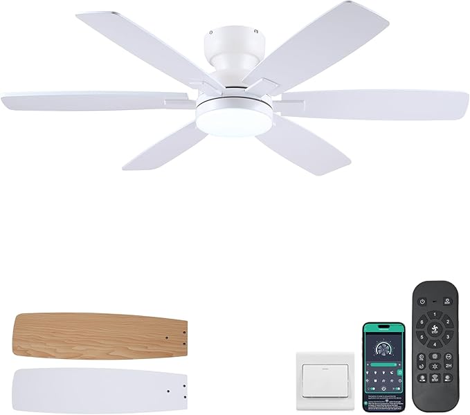 52" Ceiling Fans with Lights, Low Profile Ceiling Fan with Light and Remote/APP Control, Flush Mount Ceiling Fan with 6 Reversible Fan Blades, 3CCT, Dimmable, Quiet Motor for Kidsroom White