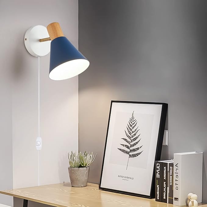 ClanKin Wall Sconces Lighting Set of 2 for Bedroom, Black Dimmable Wood Style Wall Sconce Reading Lamp, Adjustable Wall Light for Bedroom Hallway Living Room (Blue-Plug in, 2)