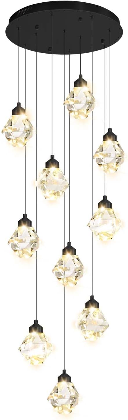 10-Light Chandelier Staircase Chandeliers for High Ceilings Crystal Chandeliers for Living Room Black Pendant Light Dimmable LED Hanging Light with Remote