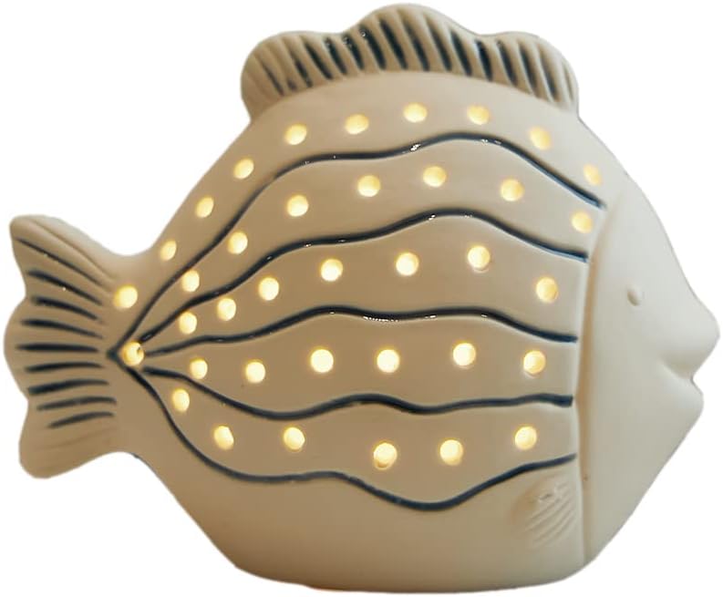 SEINHIJO Fish Statue Sculpture Ocean Decor Gifts Modern Figurine Ceramic Arts LED Light 5.5inch