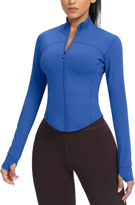AVGO Women's Cropped Running Workout Jackets Zip Slim Fit Athletic Tops with Thumb Holes