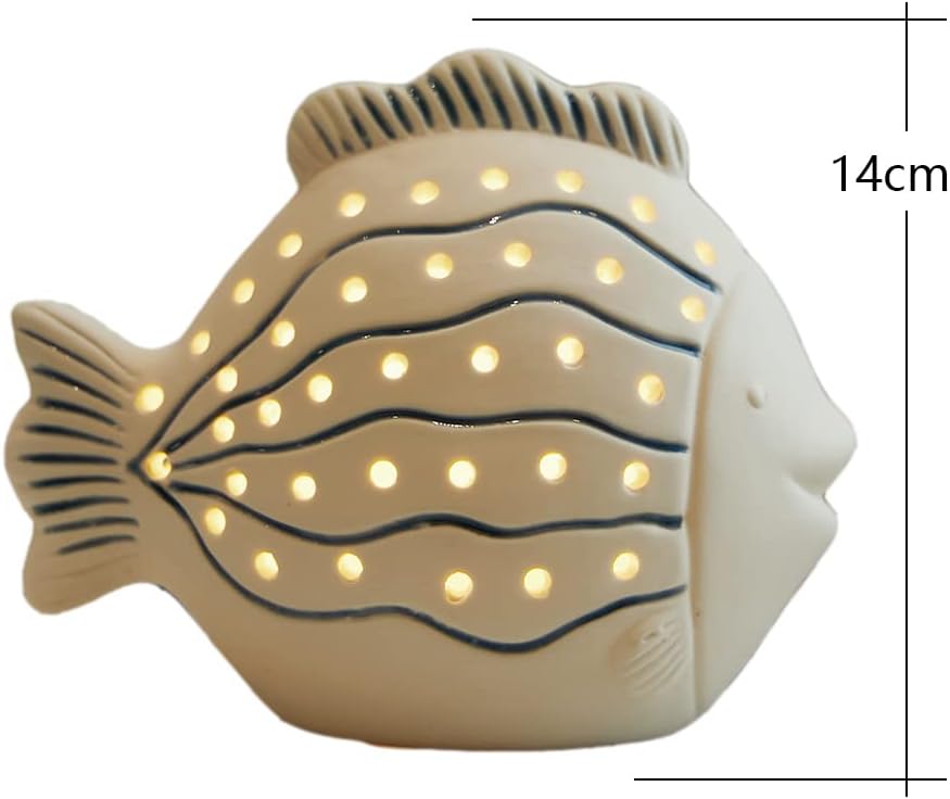 SEINHIJO Fish Statue Sculpture Ocean Decor Gifts Modern Figurine Ceramic Arts LED Light 5.5inch
