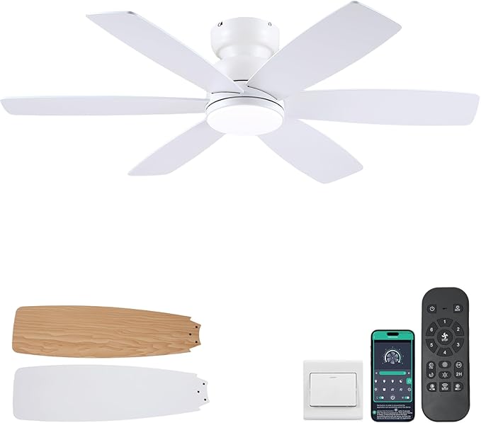 46 inch Ceiling Fans with Lights and Remote/APP Control, Low Profile Ceiling Fan with Light, Flush Mount, 3CCT, 6 Reversible Blades 6 Speeds Modern Ceiling Fan for Bedroom Living Room, White