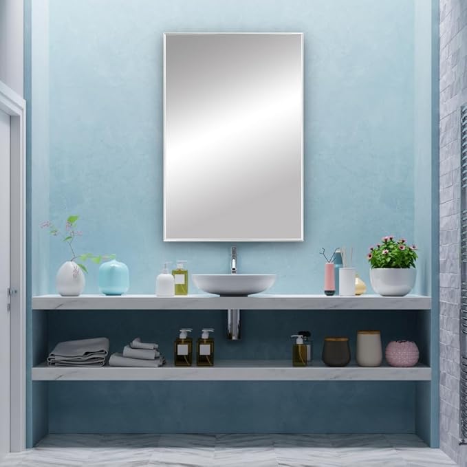 Frame My Mirror Silver Metal Framed Mirror, 20" x 60" Mirror for Bathroom, Metal Frame, True Reflections Glass, Chrome Finish, Stanton Design, Hangs Horizontally or Vertically, Made in USA