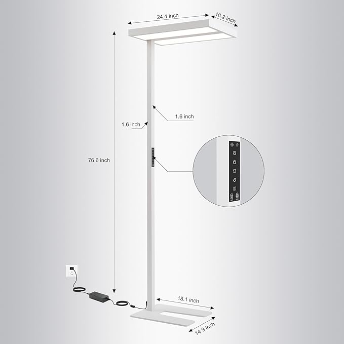 120W LED Floor Lamp 4000K for Office, 76.6'' 12600LM Dimmable Natural Daylight Eye-Caring Free Standing Lamp with Daylight Sensor and Motion Sensor for Meeting Room Studying Room Reading