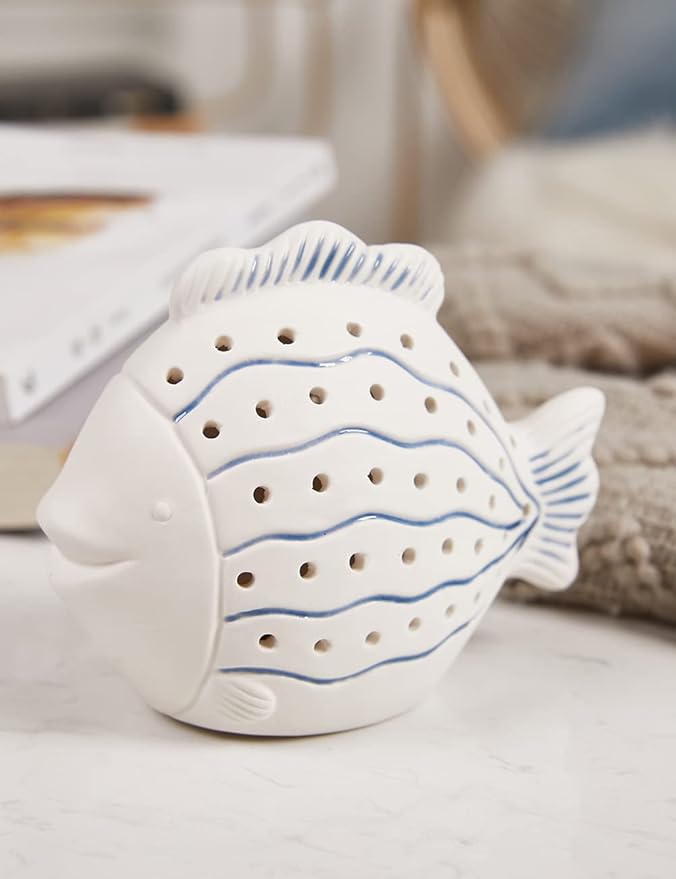 SEINHIJO Fish Statue Sculpture Ocean Decor Gifts Modern Figurine Ceramic Arts LED Light 5.5inch