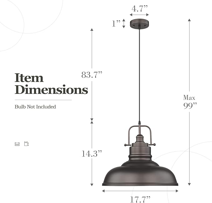 zeyu 2 Pack Large Kitchen Pendant Lights 17.7 Inch, Farmhouse Industrial Metal Dome Pendant Light for Dining Room, Oil Rubbed Bronze Finish, 016-1M-2PK ORB