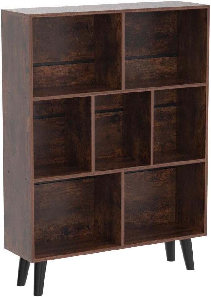 LEYAOYAO Cube Bookshelf 3 Tier Mid-Century Rustic Brown Modern Bookcase with Legs,Retro Wood Bookshelfs Storage Organizer Shelf,Freestanding Open Book Shelves for Bedroom,Living Room,Office