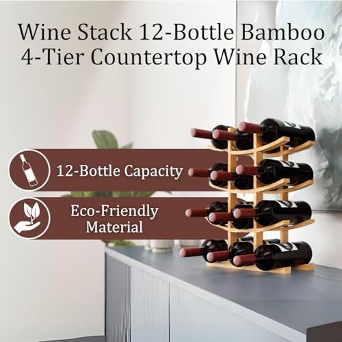 12 Bottle Bamboo Small Wine Rack for Countertop, No Tools Assembly, Modern Lattice Design, Durable, Wine and Liquor Bottle Storage for Small Spaces