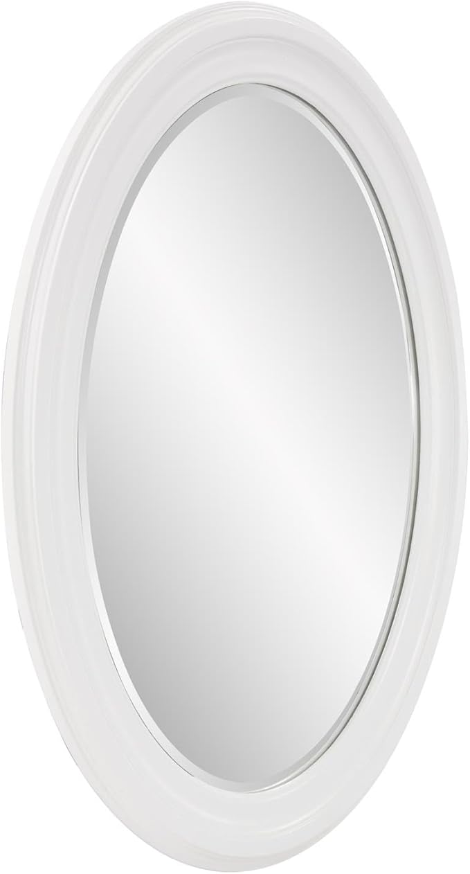 Howard Elliott George Oval Matte White Wall Mirror, Oval Bevelled Hanging Wood Framed Vanity Mirrors for Home Decor, Living Room, Bathroom, Bedroom, or Hallway, 25 x 33 Inch