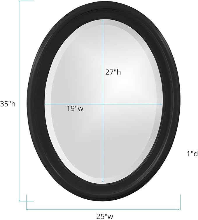 Howard Elliott George Oval Glossy Black Wall Mirror, Oval Bevelled Hanging Wood Framed Vanity Mirrors for Home Decor, Living Room, Bathroom, Bedroom, or Hallway, 25 x 33 Inch