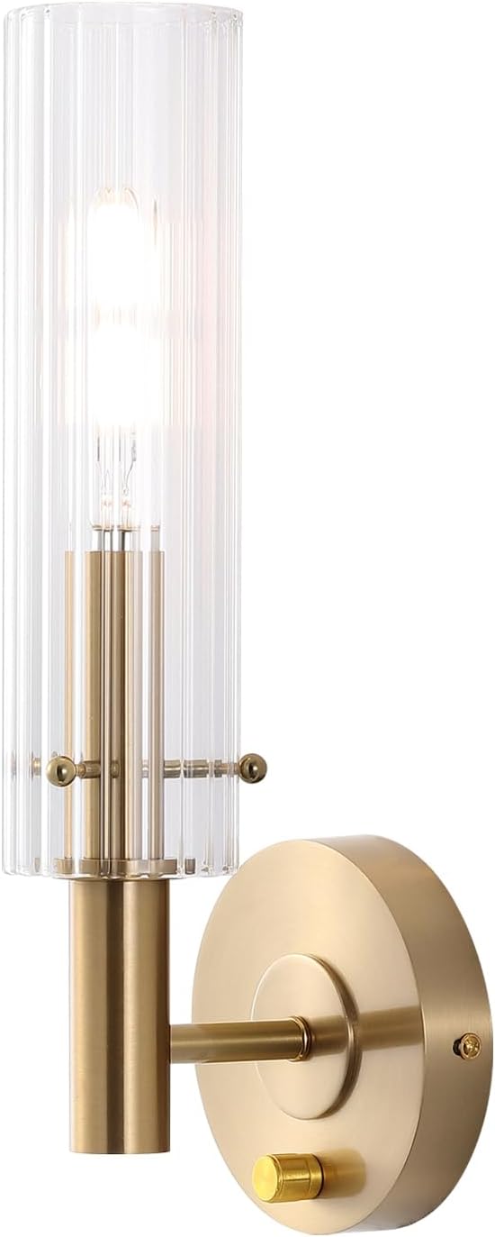 Modern Wall Sconces with Dimmer ON/Off Switch Gold Brushed Brass Bathroom Vanity Light Fixtures Striped Clear Glass Shades Indoor Wall Light for Mirror Living Room Bedroom Hallway Staircase