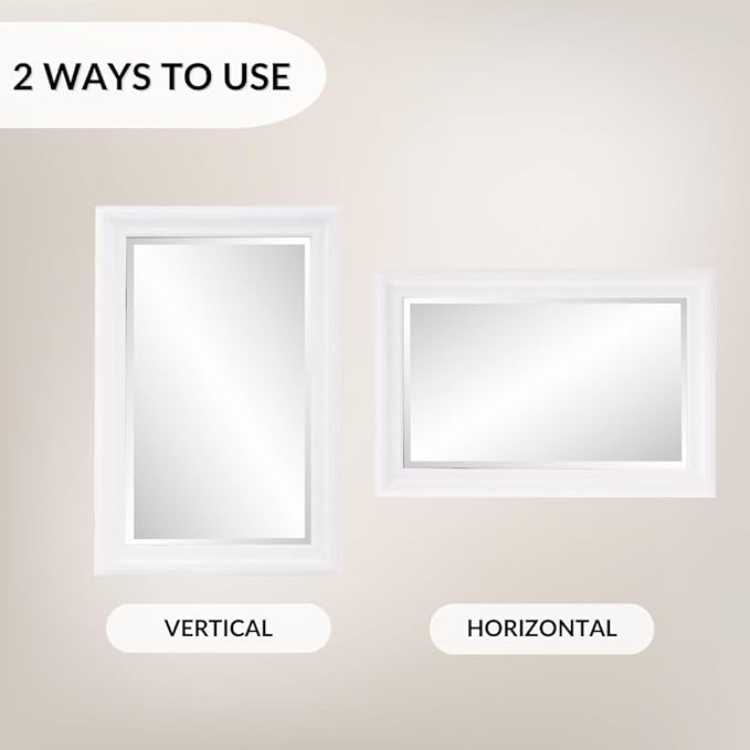 Howard Elliott George Rectangular Matte White Wall Mirror, Rectangle Hanging Wood Framed Vanity Mirrors for Home Decor, Living Room, Bathroom, Bedroom, or Hallway, 24 x 36 Inch