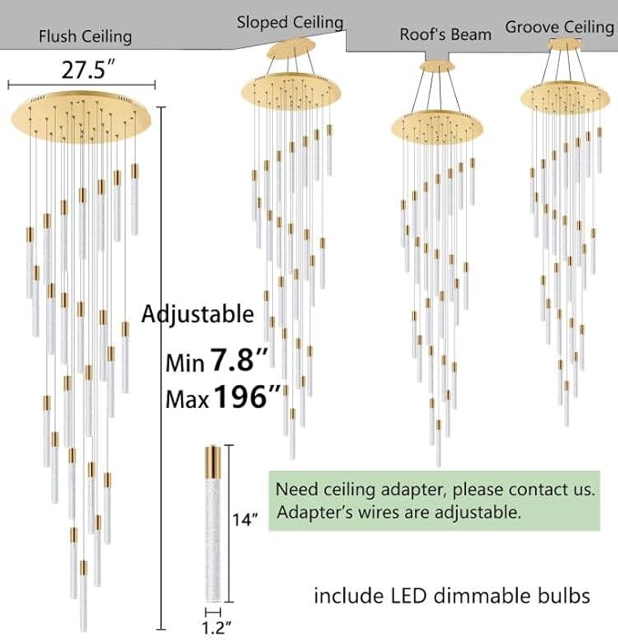 16 Foot Chandeliers for Living Room Entryway High Ceiling Light Fixtures Sloped Flush Mount Ceiling Pendant Lighting Dimmable Chandelier with Remote LED Crystal Pendants Lighting Gold Light