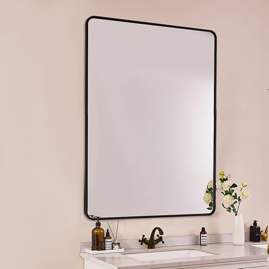 ANDY STAR 30''x48'' Black Bathroom Mirror, Rounded Rectangle Black Metal Framed Bathroom Vanity Mirror for Wall, Iron Tube, 1'' Deep, Wall-Mounted Horizontal/Vertical