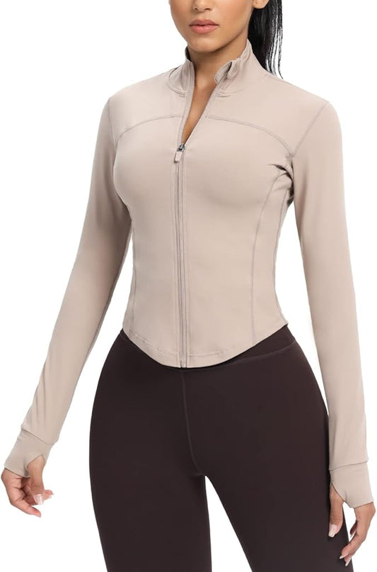 AVGO Women's Cropped Running Workout Jackets Zip Slim Fit Athletic Tops with Thumb Holes