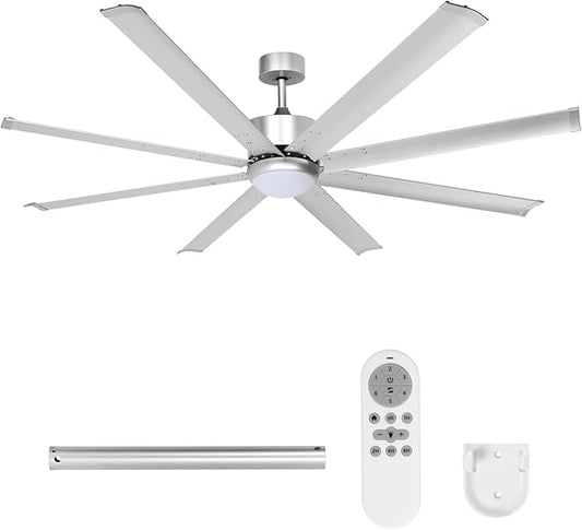 72" Ceiling Fans with Light and Remote, Energy Saving Super Quiet 6-Speed ​​Ceiling Fan with 3CCT Dimmable Light for Farmhouse Gym Garage Indoor Outdoor, 8 Aluminum Blades, Reversible, Silver