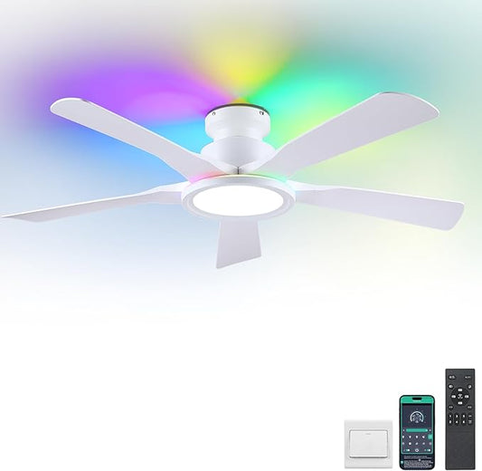 Ceiling Fans with Lights and Remote/APP Control, 52" Low Profile Flush Mount Ceiling Fan with RGB Ring Light &amp; Dimmable, 5 Reversible Curved Blades 3 CCT 6 Speeds for Kids Room Living Room, White