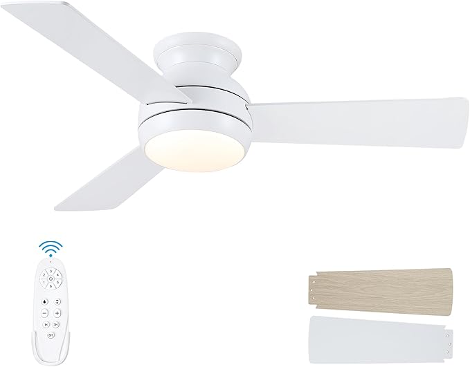 42 Inch Ceiling Fans with Lights and Remote, White Low Profile Ceiling Fan with Light, Flush Mount, Reversible, 6 Speeds, 3CCT Dimmable, Bedroom Indoor/Outdoor Patios Use