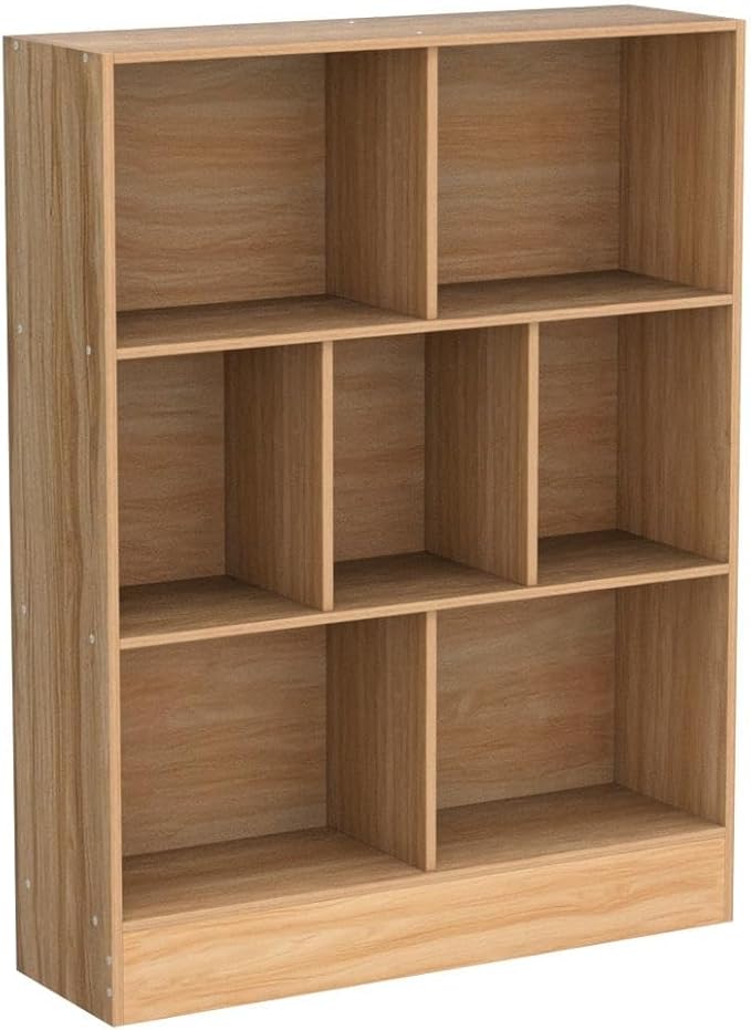 LEYAOYAO 7 Cube Bookshelf with Base,3 Tier Mid-Century Modern Natural Bookcase,Standing Wide Bookshelfs Storage Organizer Shelf,Rustic Wood Display Cabinet Book Shelves for Bedroom,Living Room,Office