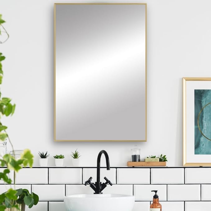 Frame My Mirror Gold Metal Framed Mirror, 28" x 60" Champagne Bronze Mirror for Bathroom, Metal Frame, True Reflections Glass, Stanton Design, Hangs Horizontally or Vertically, Made in USA