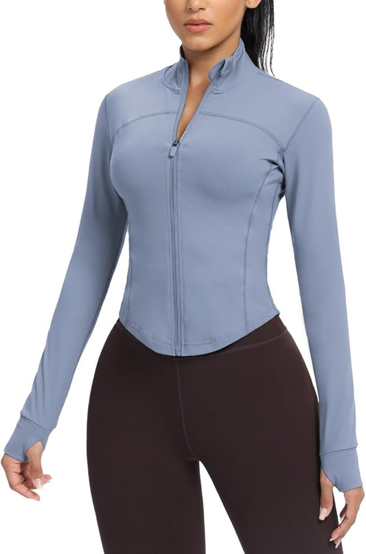 AVGO Women's Cropped Running Workout Jackets Zip Slim Fit Athletic Tops with Thumb Holes