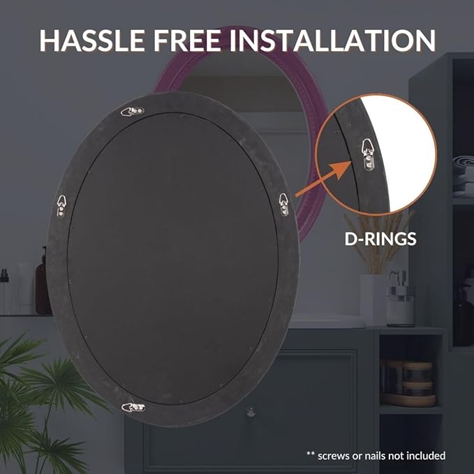 Howard Elliott Queen Ann Oval Glossy Hot Pink Wall Mirror, Oval Bevelled Hanging Wood Framed Vanity Mirrors for Home Decor, Living Room, Bathroom, Bedroom, or Hallway, 25 x 33 Inch