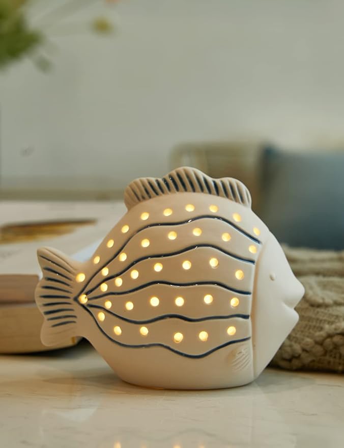 SEINHIJO Fish Statue Sculpture Ocean Decor Gifts Modern Figurine Ceramic Arts LED Light 5.5inch