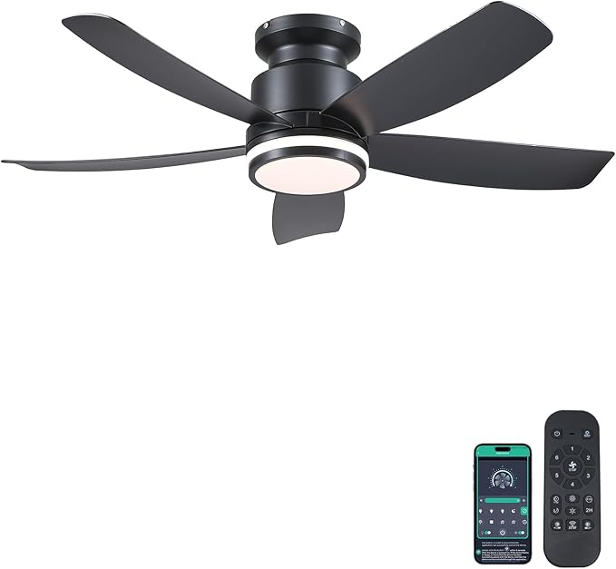 Modern Ceiling Fans with Lights and Remote/APP Control, 41 inch Flush Mount Ceiling Fan with Ring Lights, LED 3 CCT Dimmable 5 Reversible Curved Blades 6 Speeds for Bedroom Living Room, Black