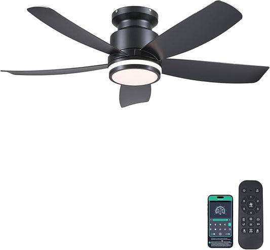 Modern Ceiling Fans with Lights and Remote/APP Control, 41 inch Flush Mount Ceiling Fan with Ring Lights, LED 3 CCT Dimmable 5 Reversible Curved Blades 6 Speeds for Bedroom Living Room, Black