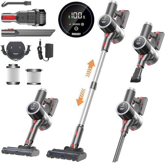 Cordless Vacuum Cleaner, 6-in-1 Lightweight Stick Vacuum with 45mins Runtime, LED Display &amp; Light, Self-Standing, Rechargeable Cordless Vacuum for Carpet, Tile, Pet Hair, Hardwood Floors (Gray)