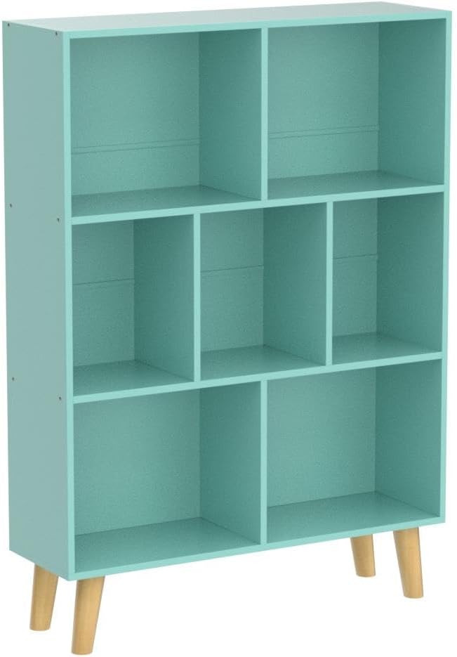 LEYAOYAO 7 Cube Bookshelf 3-Tier Bookcase with Legs, Mint-Green Kids Book Shelf Cute Storage Organizer, Toy Shelves Bookshelfs,Wood Display Bookcases