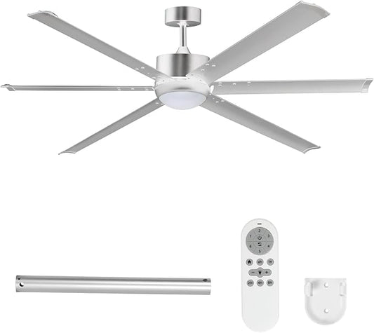 62" Ceiling Fans with Light and Remote, Energy Saving Super Quiet 6-Speed ​​Ceiling Fan with 3CCT Dimmable Light for Indoor and Outdoor, 6 Aluminum Blades, Reversible, Silver