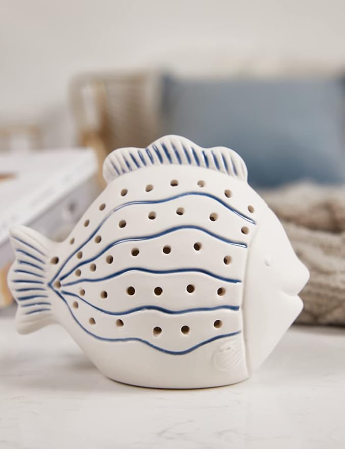 SEINHIJO Fish Statue Sculpture Ocean Decor Gifts Modern Figurine Ceramic Arts LED Light 5.5inch