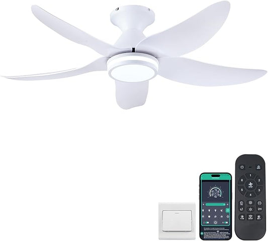 46 inch Ceiling Fans with Lights and Remote/APP Control, Modern Flush Mount Ceiling Fans with 5 Reversible Blades 6 Speeds, 3 Colors Dimmable+Ring Lights for Bedroom Kids Room, White