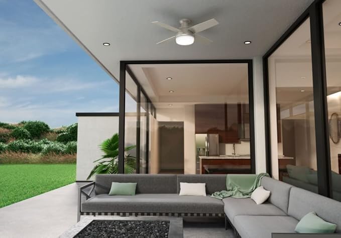 Hunter Fan 50400 Dempsey 44-Inch Indoor/Outdoor Low Profile Ceiling Fan with LED Light Kit, Remote Control, Whisper-Quiet Motor, Matte Black Finish, Flush Mount