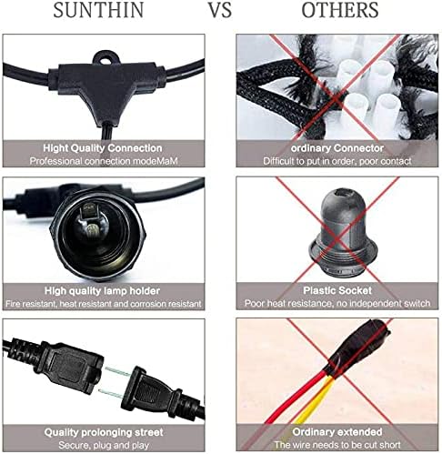 SUNTHIN Outdoor String Lights, 48FT Commercial Grade String Light with 15 11W Dimmable Edison Vintage Bulbs, Hanging for Outside, Patio, Garden, Backyard, Porch, Deck, Pergola, Party