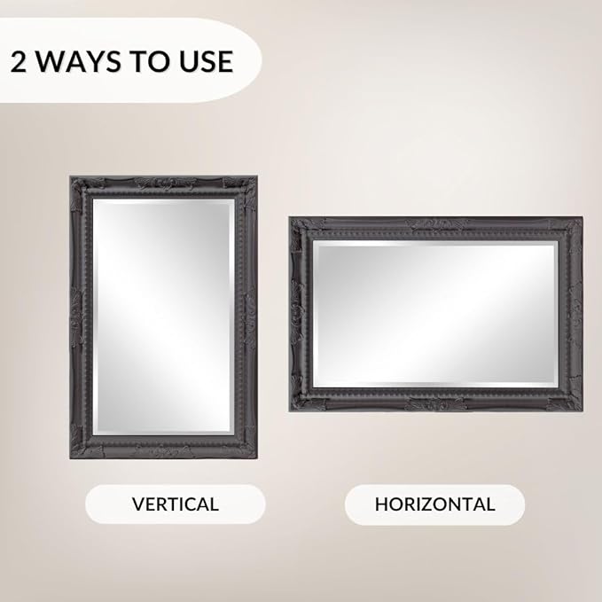 Howard Elliott Queen Ann Rectangular Glossy Charcoal Wall Mirror, Rectangle Hanging Wood Framed Vanity Mirrors for Home Decor, Living Room, Bathroom, Bedroom, or Hallway, 24 x 36 Inch