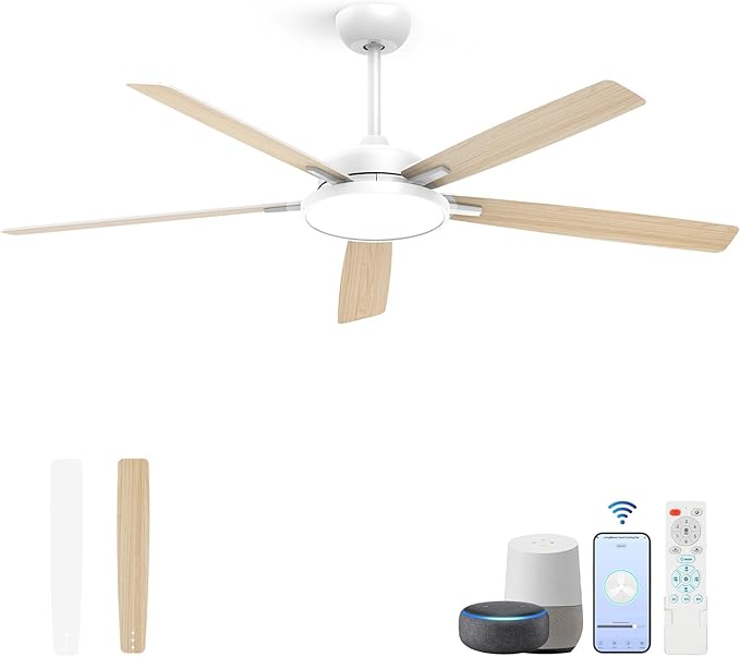 Roomratv Ceiling Fans with Lights,62 Inch Smart Ceiling Fan,Remote and App Control,Dimmable,Reversible,Noiseless, Compatible with Alexa,Google Home,Large White Modern ceiling fan for Indoor/Outdoor
