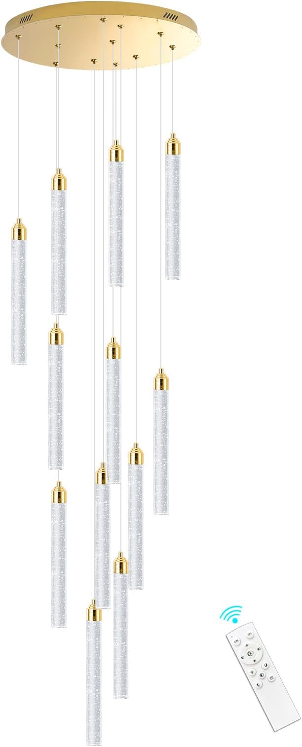 12-Lights Chandelier LED Dimmable Chandeliers for Entryway Flush Mount Ceiling Pendant Light Fixture Crystal Chandeliers for Living Room Gold Finished Lighting Modern High Ceiling Chandelier
