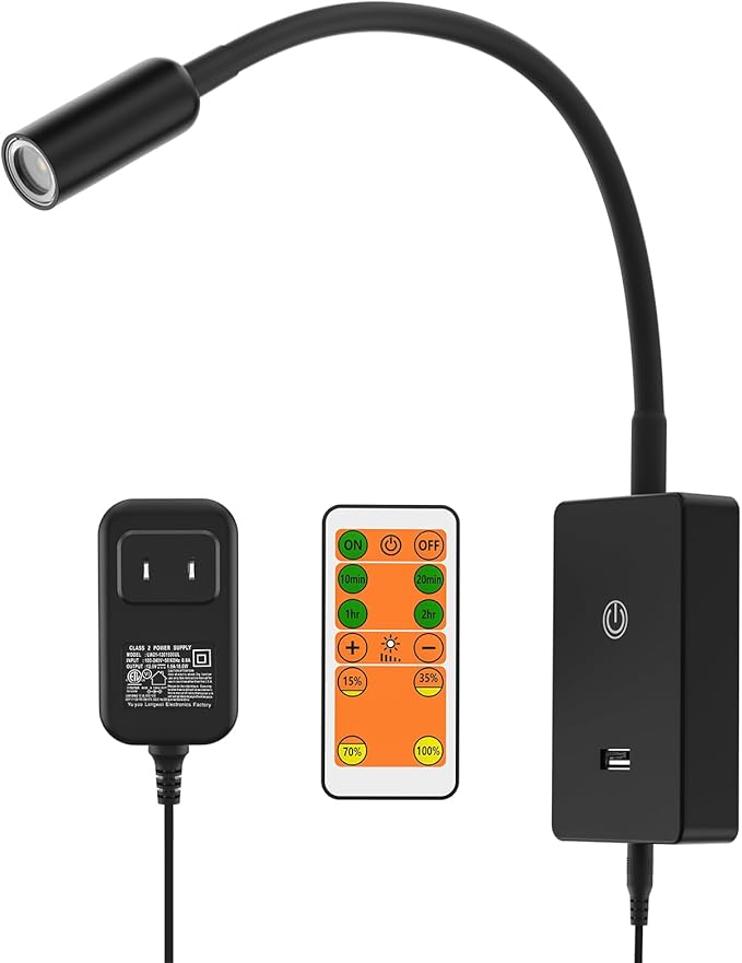 LED Wall Mounted Bedside Lamp with Flexible Gooseneck, Remote Control Black Wall Mount LED Reading Spot Light for Bedroom, Timer Auto Off, Stepless and Step Dimmable, Neutral White Lighting