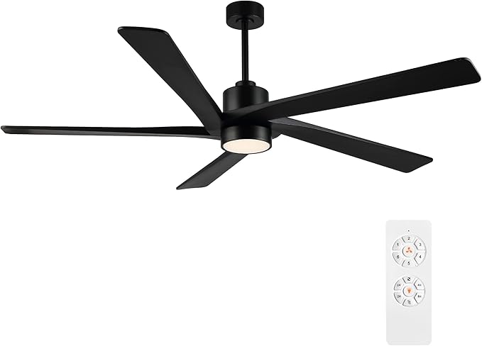 WINGBO 72 Inch DC Ceiling Fan with Lights and 3 Downrods, 5 Reversible Carved Wood Blades, 6-Speed Noiseless DC Motor, Modern Ceiling Fan in Matte Black Finish, ETL Listed