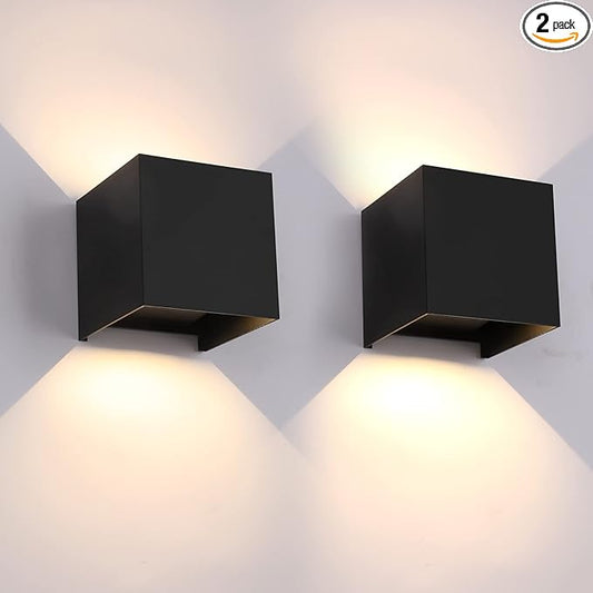 12W 2Pack Outdoor Wall Lights Exterior/Interior,LED Black Outdoor Wall Sconces Light Fixtures Modern,IP65 Waterproof Square Aluminum Wall Lamps, Up and Down Lights 3000K Warm Lights