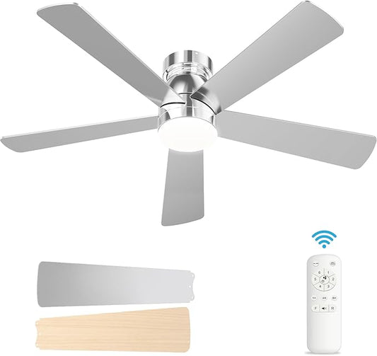 Ceiling Fans with Lights, 52 inch Low Profile Ceiling Fan with Light and Remote Control, Flush Mount, Reversible, 3CCT, Noiseless, 5 Blades Modern Ceiling Fan for Bedroom Living Room (Nickel)
