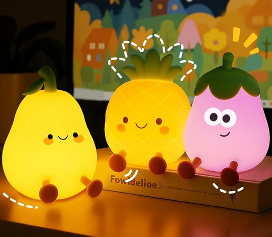 Fruit & Vegetable Night Light Set – 3 Pack Cute Silicone Nightlight, Rechargeable Bedside Touch Lamp, Dimmable Soft Night Lamp Gift for Bedroom Kids Room Decor (Pear, Pineapple, Eggplant)