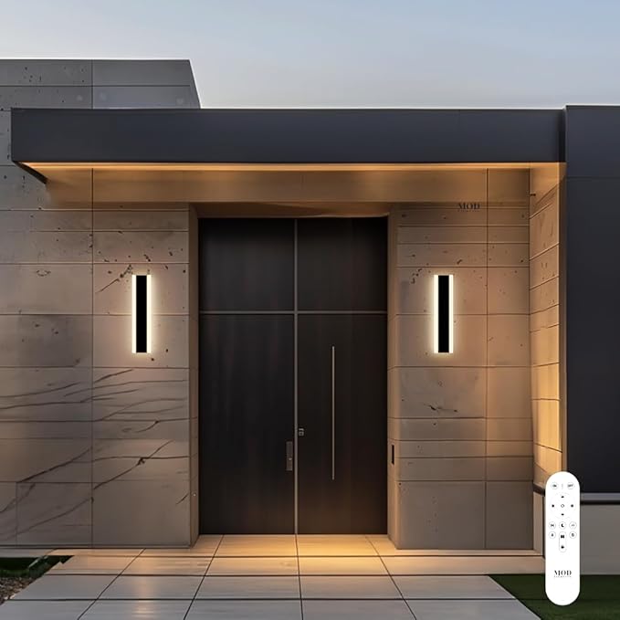 𝗠𝗢𝗗 𝗟𝗜𝗚𝗛𝗧𝗜𝗡𝗚 Haylen | Waterproof Outdoor Wall Light, LED Dimmable with Remote 3000K-6000K, Long Outdoor Porch Lights, Wired Lighting Fixture, Patio Exterior Wall Sconce, 1-Pack (Black, 12")